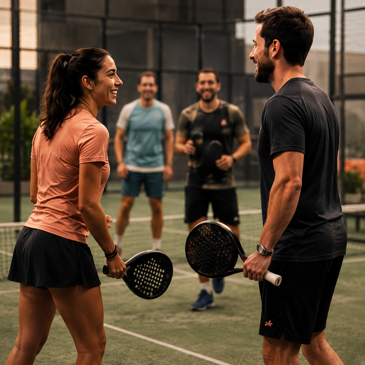 Players laughing together on a padel court