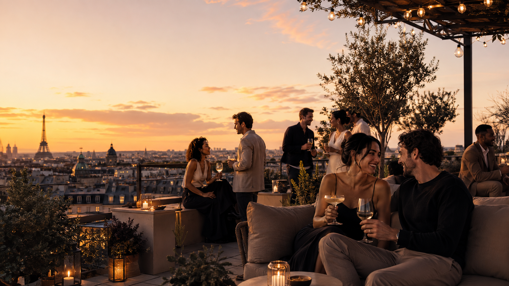 Guests laughing over drinks on a Paris rooftop at golden hour