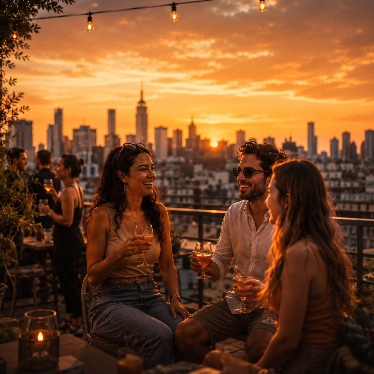 Friends toasting on a rooftop terrace at sunset over the city