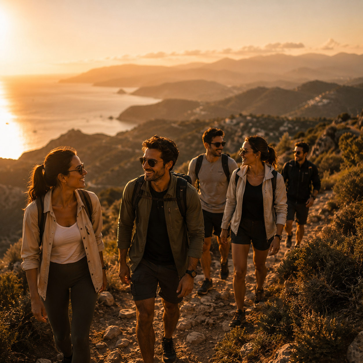 A small group hiking a coastal ridge at sunrise
