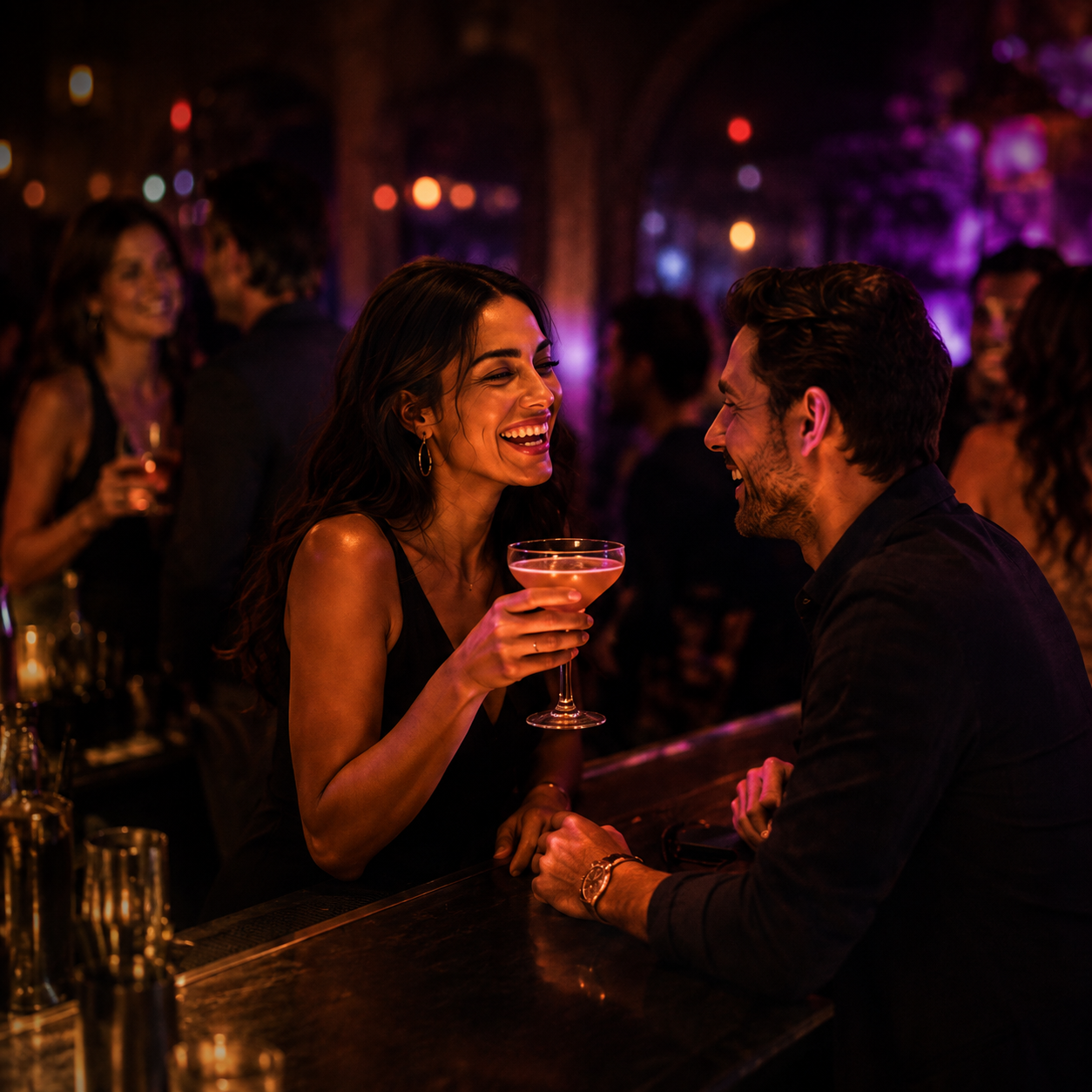 Two guests laughing over cocktails at a candlelit bar