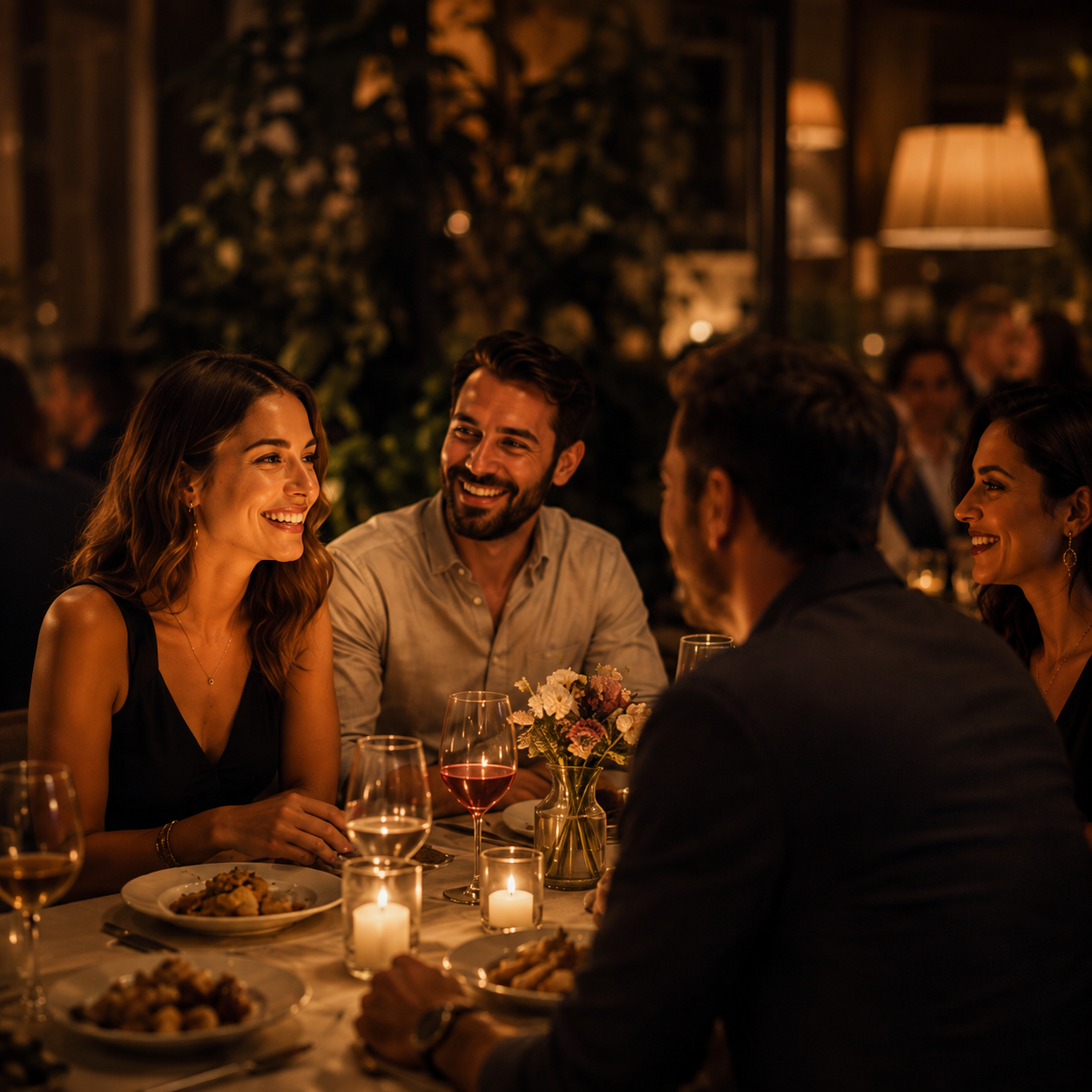 Guests dining together at an intimate candlelit chef's table
